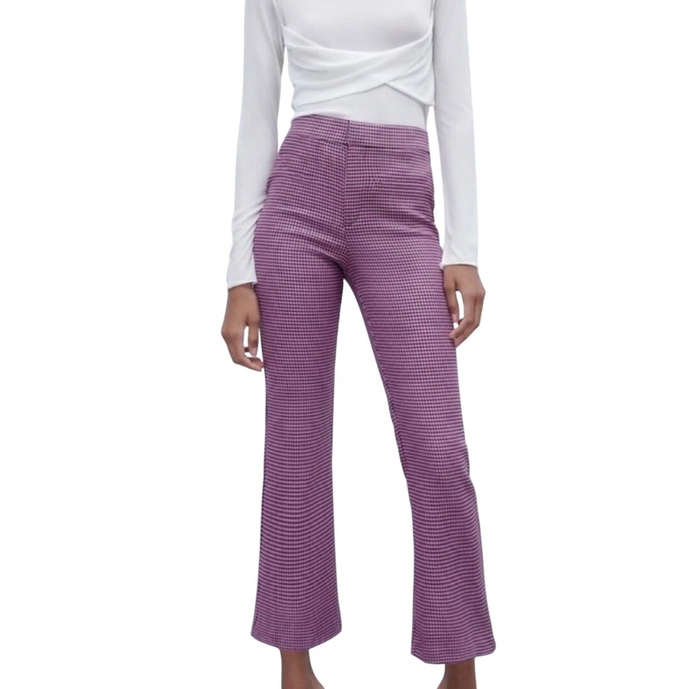 Zara Purple Houndstooth High Waisted Flared Cropped‎ Pants Mod Retro Twee